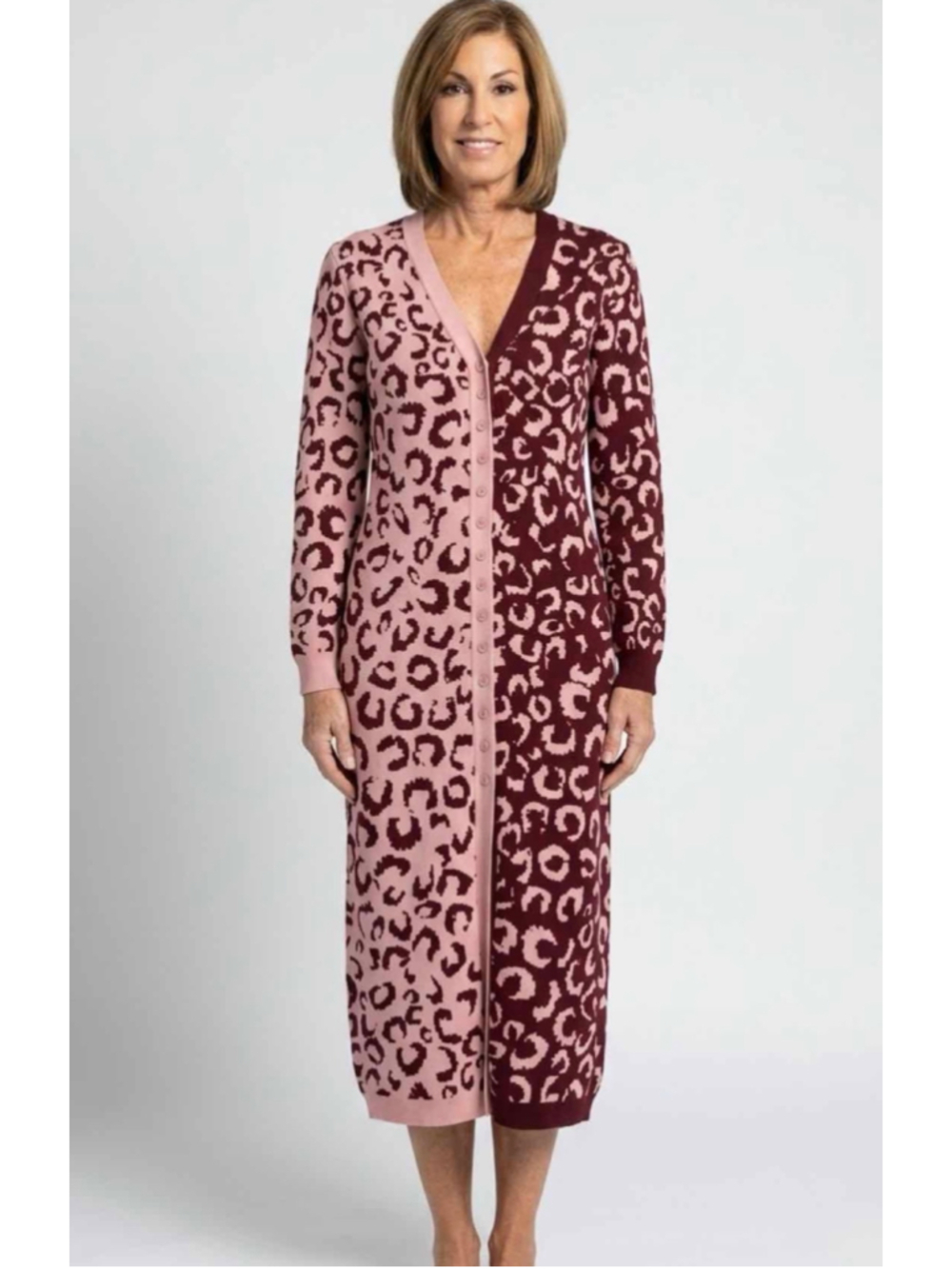 Farm Rio Mixed Leopard V-Neck Knit Midi Cardigan Dress Pink Burgundy Size Medium - Picture 2 of 7
